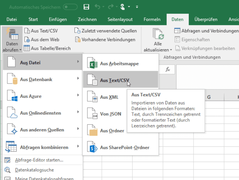 Power Query in Excel 2016: Text/CSV laden