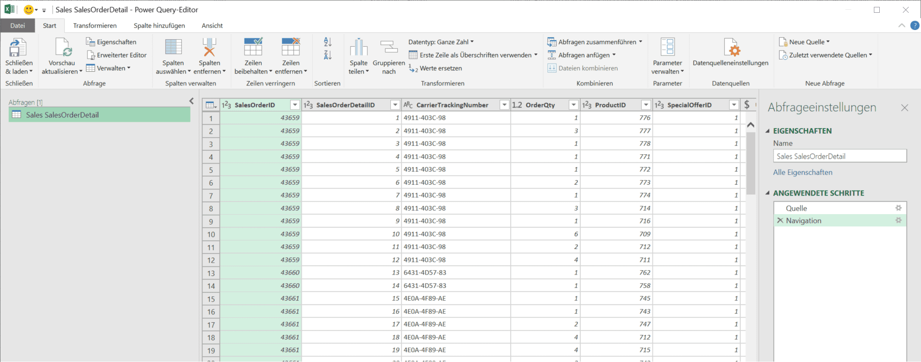 SalesOrderDetail Tabelle in Power Query